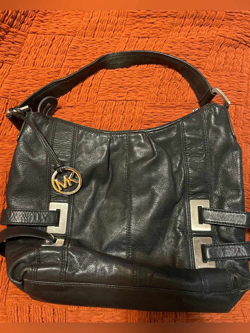 Michael Kors Black Leather Hobo Shoulder Bag with MK Charm